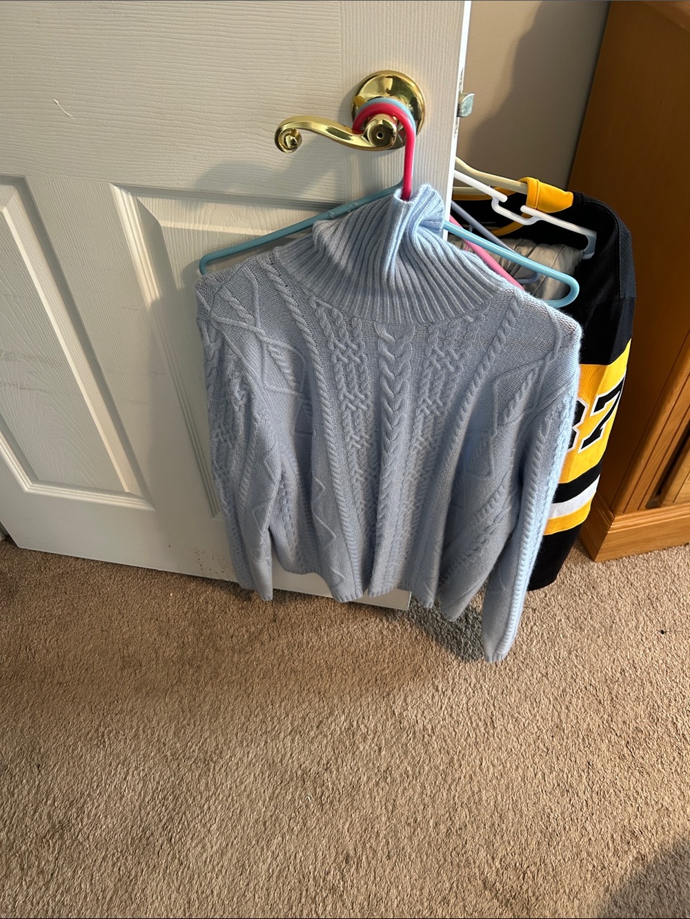 Soft Light Blue Cable-Knit Funnel Neck Sweater